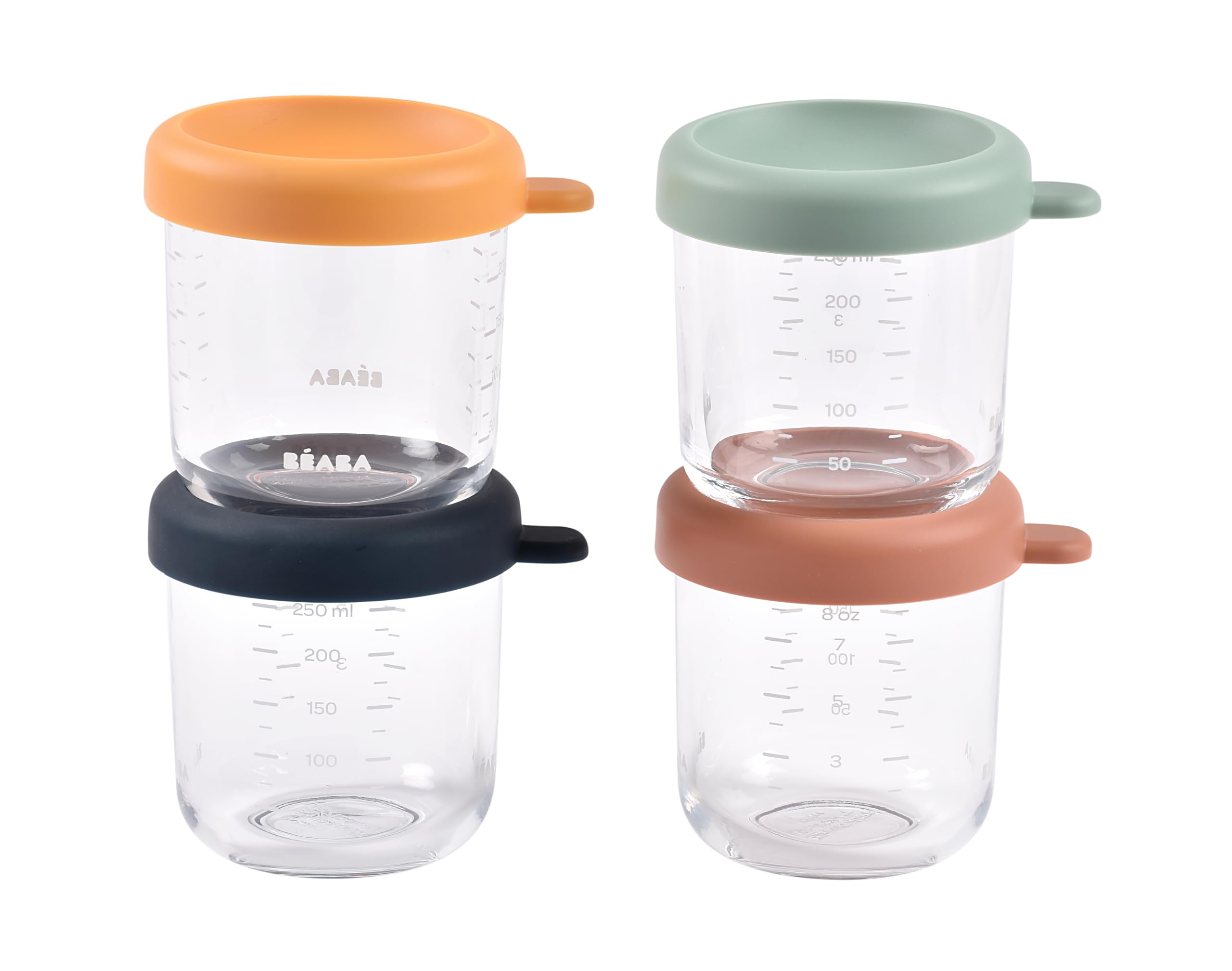 asitis nutrition beaba, set of 4 baby food storage containers, glass conservation jar, graduation measuring scale, heat and thermal sock resistant, 4 x 250ml, sunrise