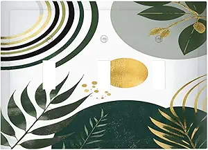 Decorative Light Switch Cover Plate Boho Green Leaves Bohemian Gold Sun 3 Gang Wall Plate Oversized Triple Toggle Switch Cover Plate Jumbo Faceplate for Bedroom Decor