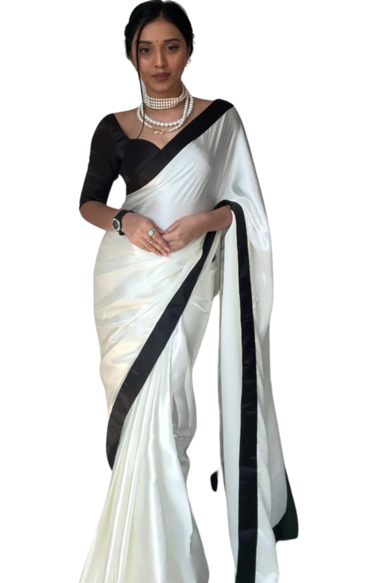 Women's Satin Ready To Wear one Minute Saree With Unstitched Blouse Piece (White)-image-11
