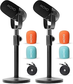 Movo 2 Pack CastMic Dynamic XLR Podcast Microphone Bundle with Tabletop Stand for PC, Gaming, Streaming, YouTube, and Musicians - Cardioid Podcast Mic for Content Creators