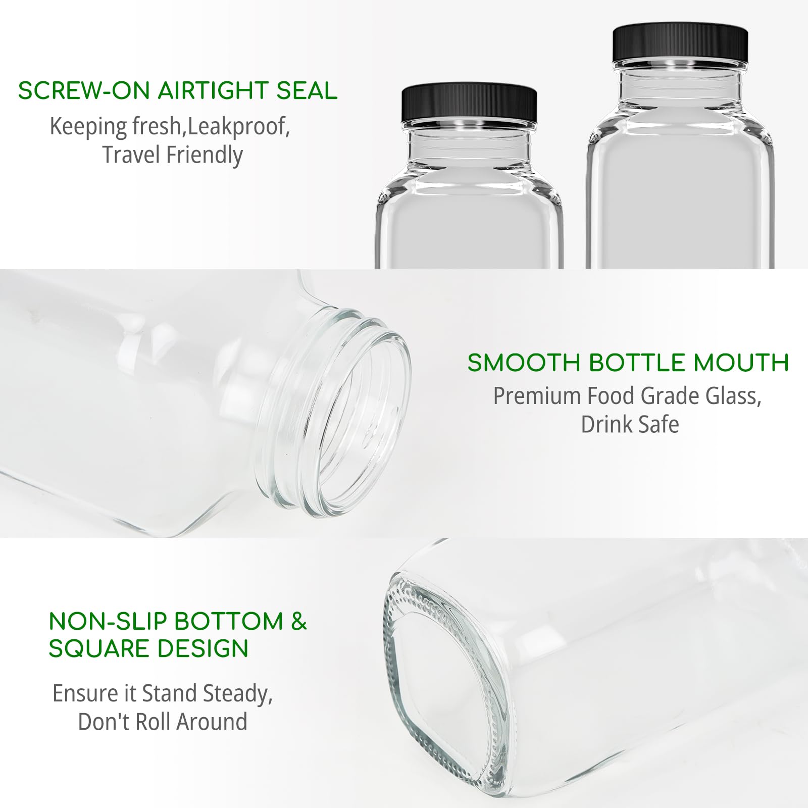 Paquete de 3 botellas de agua cuadradas de vidrio de 16 onzas, capacidad de 480 ml, sin BPA, herméticas, reutilizables, ideal para café helado, jugo, leche, batidos, té, kombucha