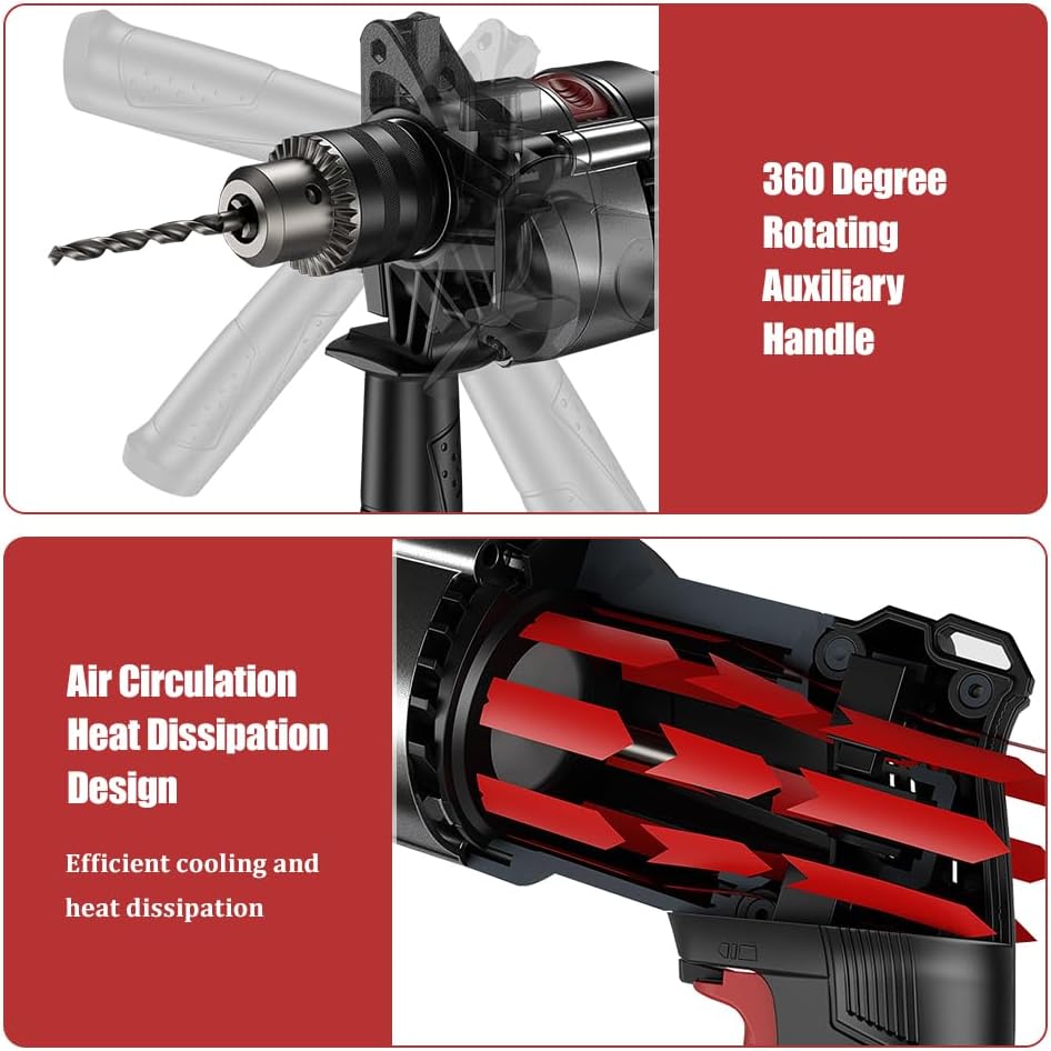 YUEWO 780W Impact Drill 1/2-Inch Corded Drill with Variable Speed 0-3000RPM for Metal, Concrete Drilling and Installation