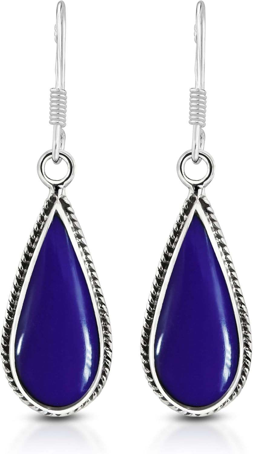 AeraVida Classic Teardrop Stone or Shell Inlay .925 Sterling Silver Dangle Earrings for Women | Handmade Lightweight Polished Drop Earrings | Boho Minimalist Jewelry Gift Idea