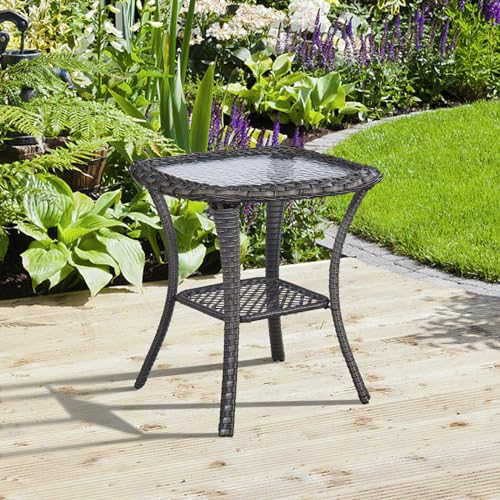 Opohoro Patio Wicker Side Table, Outdoor PE Rattan End Table with 5mm Tempered Glass Top and 2-Tier Storage Shelf, 20" Square Coffee Table for Deck Porch Garden Backyard-Dark Brown