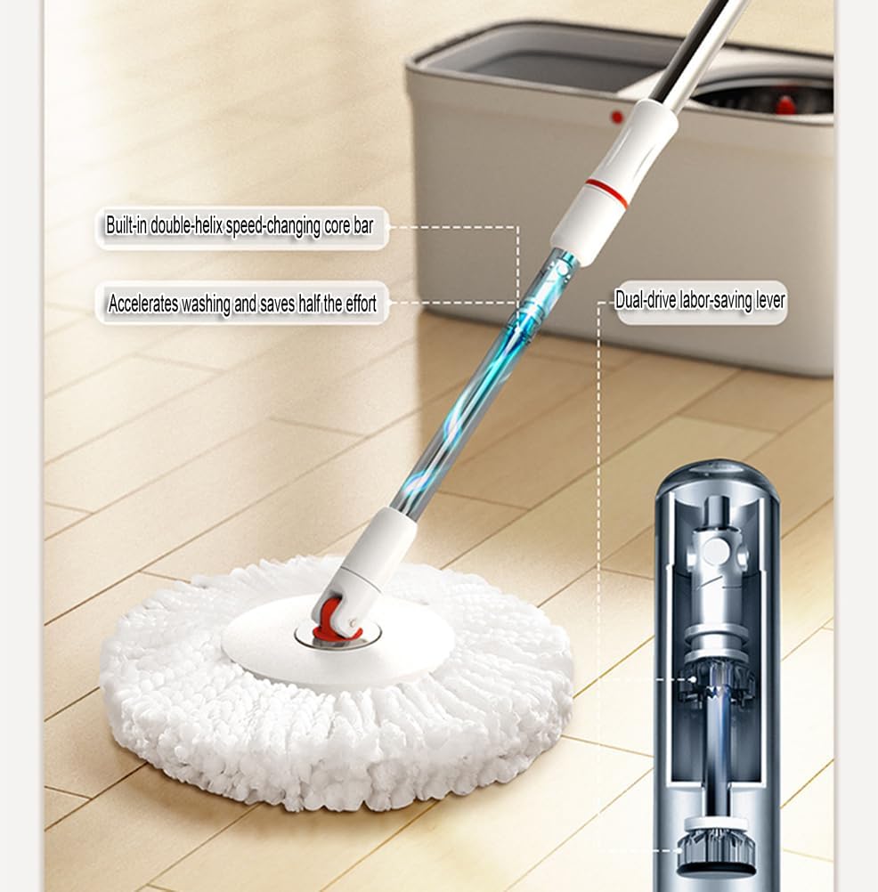 Dual Drive Spin Mop and Bucket Set – Hand Press Automatic Wringing System, Self-Spinning Dry Mop, Adjustable Stainless Steel Handle,