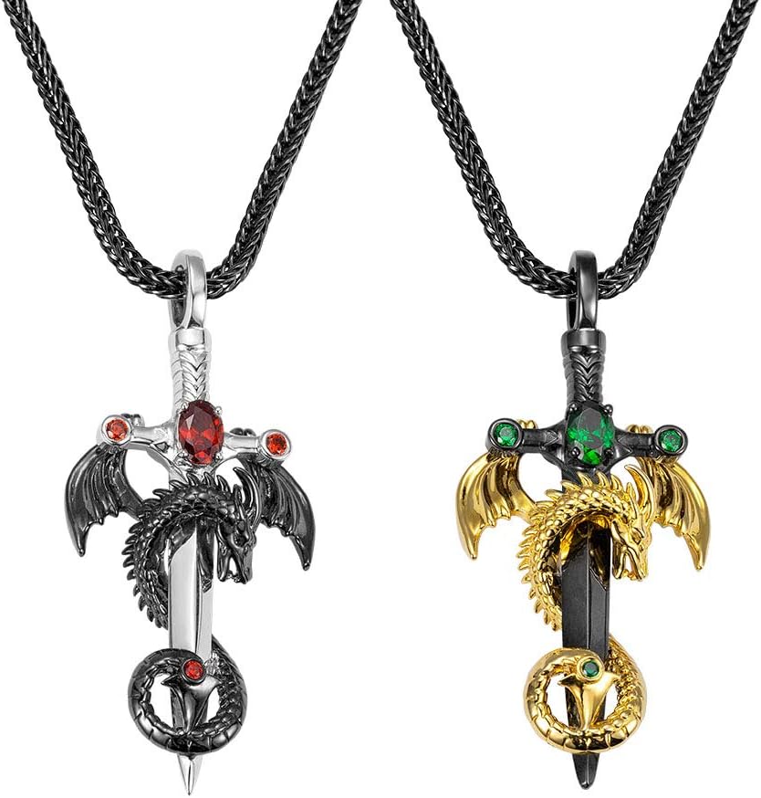 Dragon Necklace Vintage with Personalized Birthstones on Sword - Anniversary Jewelry Gift for Him Men - Mens Punk Pendant 18 to 24 Inches Foxtail Chain