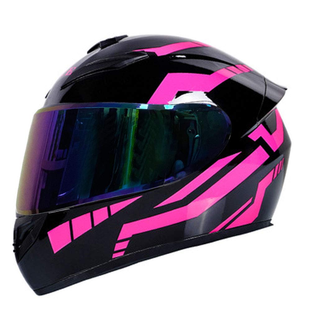 Casque Moto Intégral DOT Sportif Rayures Noir-Rose - 3 Lentilles + Ventilation Pro S à XXL