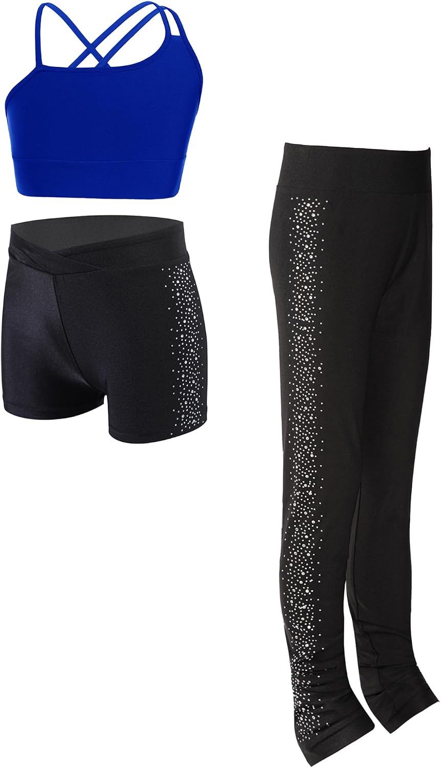Hansber Kids Girls 3 Pieces Gymnastics Outfits Sleeveless Crop Top with Active Shorts Figure Skating Pants Set