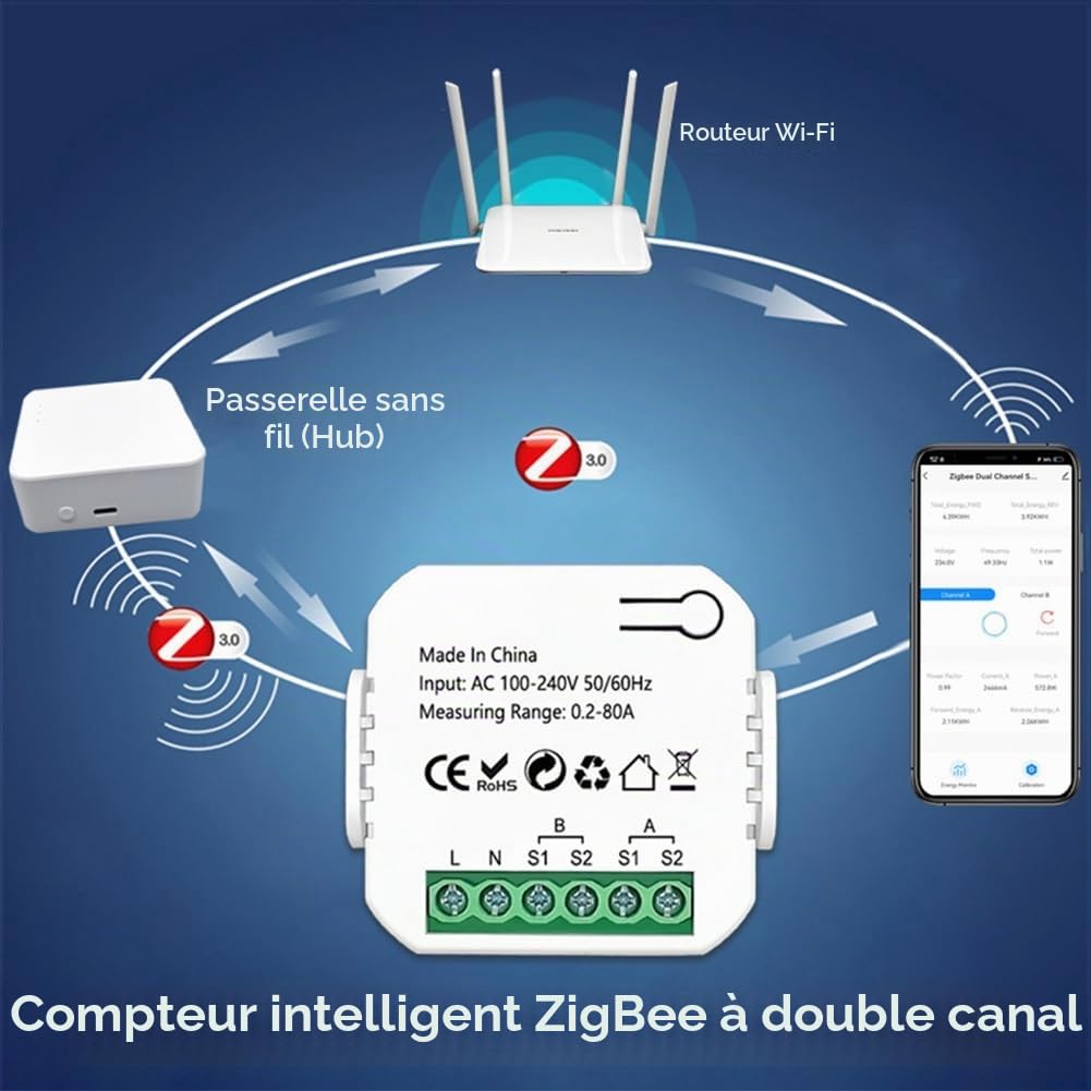 Compteur D'Énergie Tuya Smart ZigBee 2 Voies Bidirectionnel avec Pince de Capteur de Courant App Moniteur Puissance 100-240VAC, 2 Canaux 2CT