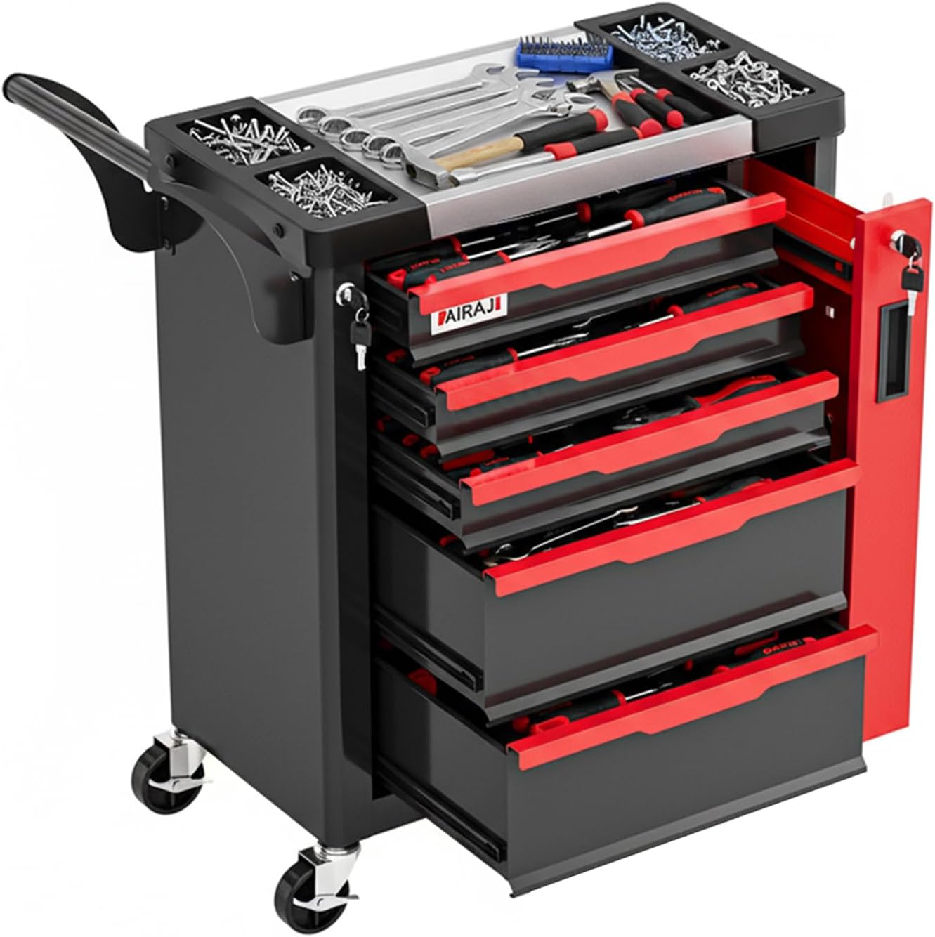 Tool Chest 5-Drawer | Rolling Tool Chest with Wheels/Side Drawer | Drawers Integrated Lockable | Tool Cart/Cabinet with Drawers for Garage Storage,Workshop | Safety Rounded Corner Anti-collision | Red 5 Drawers - Image 1 of 7
