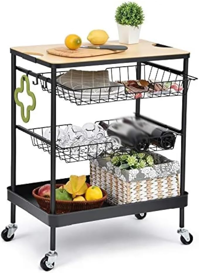 Kitchen Island Serving Cart with Utility Wood Tabletop, 4-Tier Rolling Storage with 2 Basket Drawers