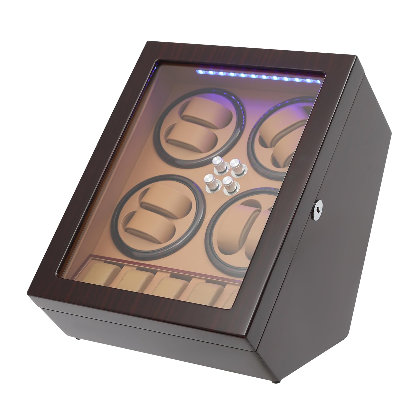 Automatic Watch Winder Box, 8 Watch Winder with 5 Watch Storage Space, Wooden Watch Storage Case with Quiet Motor, 4 Rotation Mode, Built-in LED Illumination for Gift, Watch Stores(Black, Brown)
