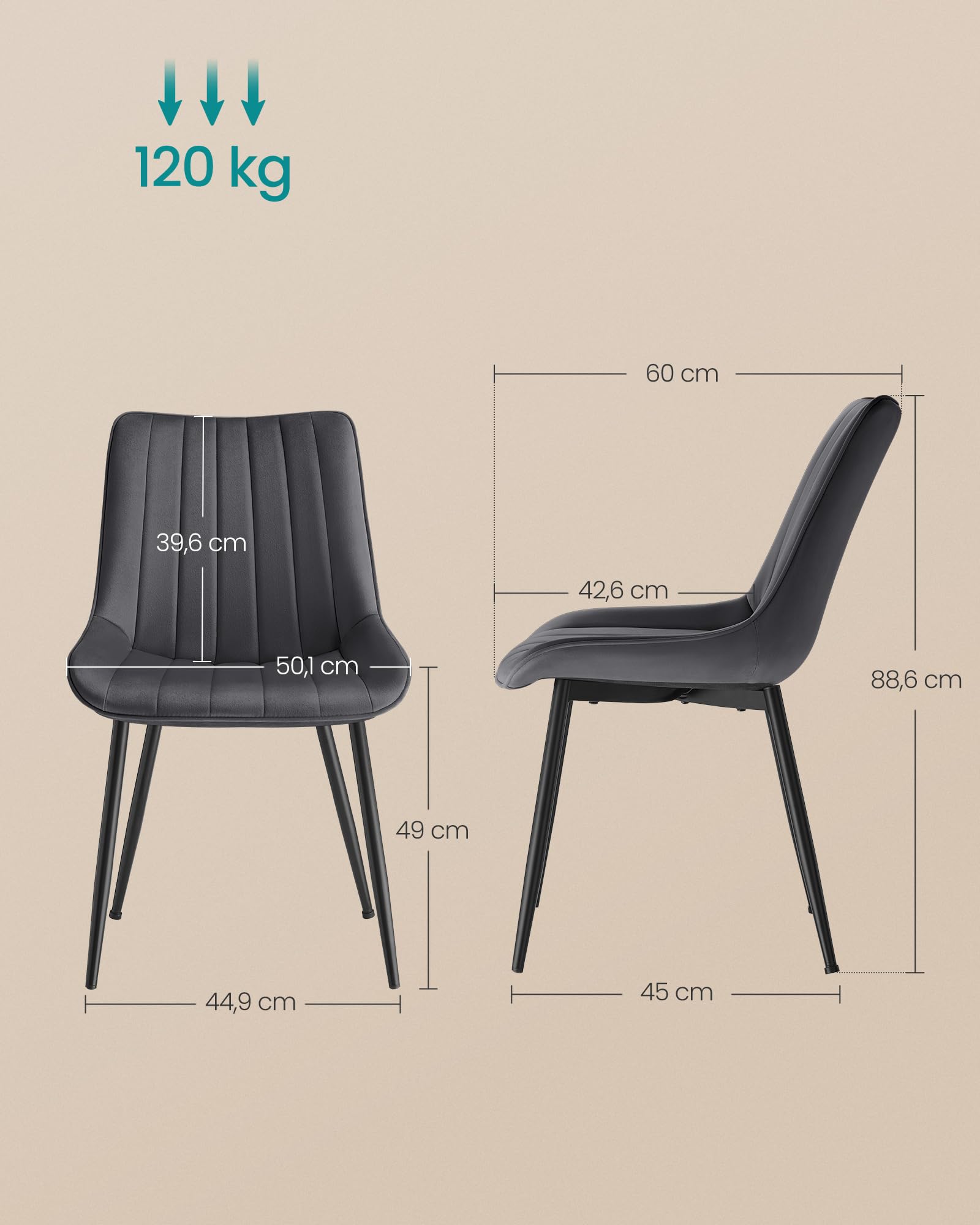 SONGMICS Esszimmerstuhl 2er Set, Küchenstuhl, Samt,Polsterstuhl, bis 120 kg belastbar, Stahlbeine, Gebogene Rückenlehne, für Esszimmer, Küche, grau-tintenschwarz LDC090G05
