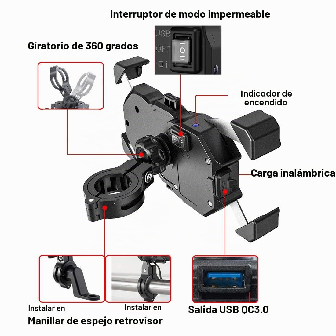 iMESTOU Soporte de Teléfono Inalámbrico/USB para Motocicletas QC3.0 Soporte de Móvil para Manillar/Espejo Trasero Carga Rápida para Teléfonos Móviles de 3.5"-6.8"(con un Grosor Máximo de 12mm)