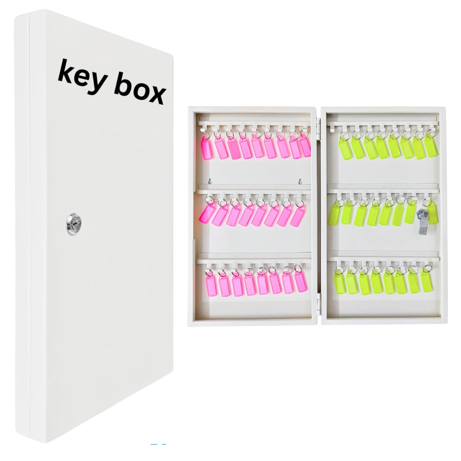 Tusmad Metal Key Storage Box Wall Mount with Combination Lock – 48 Key Hooks & Tags, Key Organizer Cabinet for Home, Office, Car Dealers, Hotels & Property Managers – White-image-25