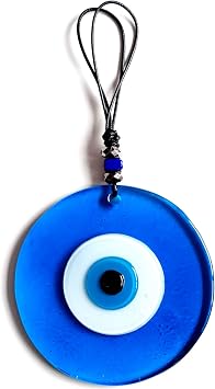 Light Blue Clear Glass Wall Ornament with Evil Eye Beaded Handmade Leather Drawstring