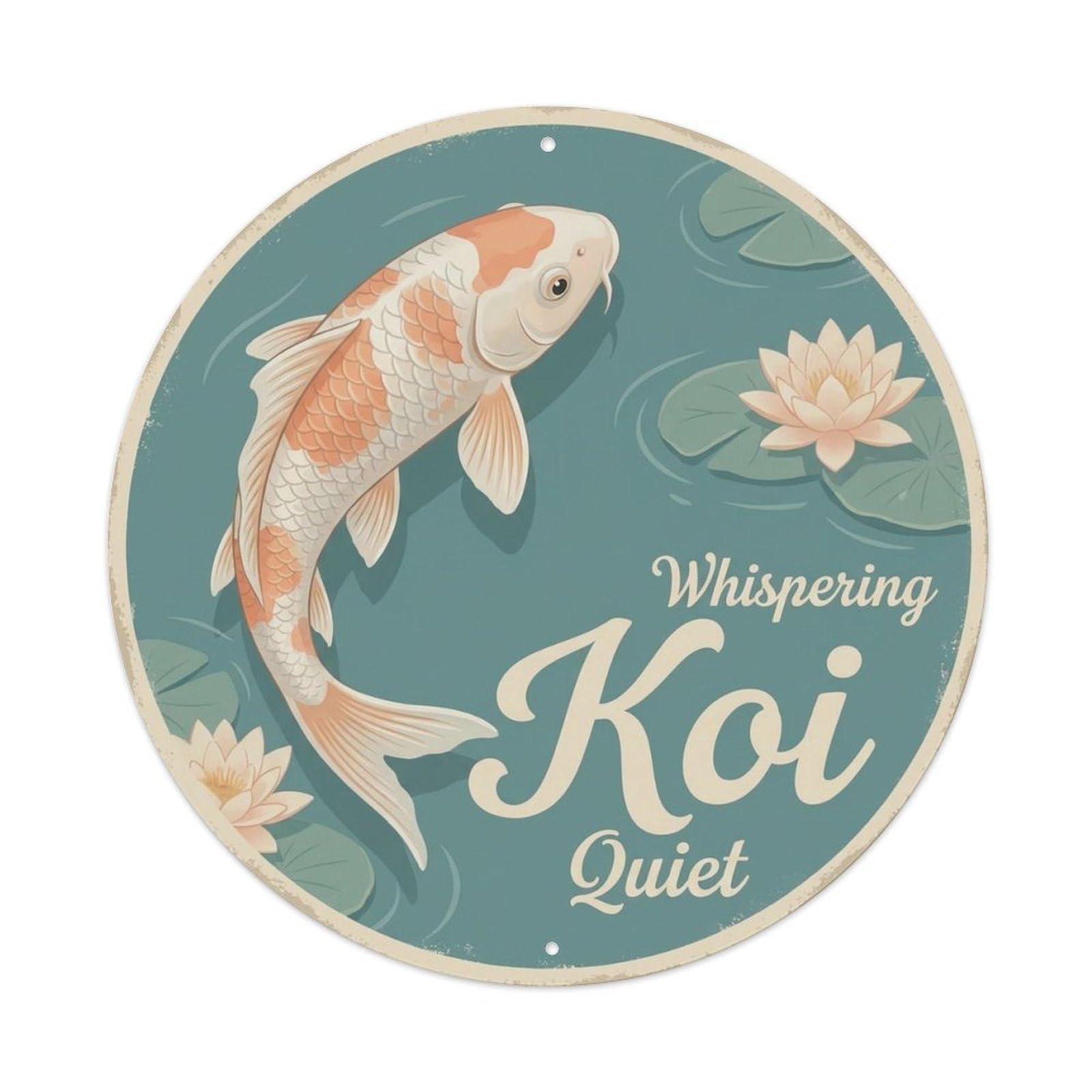 Japanese Koi Whispering Retro Illustration Metal Tin Sign Plaque Wall Decor for Cafe, Man Cave, Club Bar, Office, Home Garden Round Metal Poster 8x8Inch