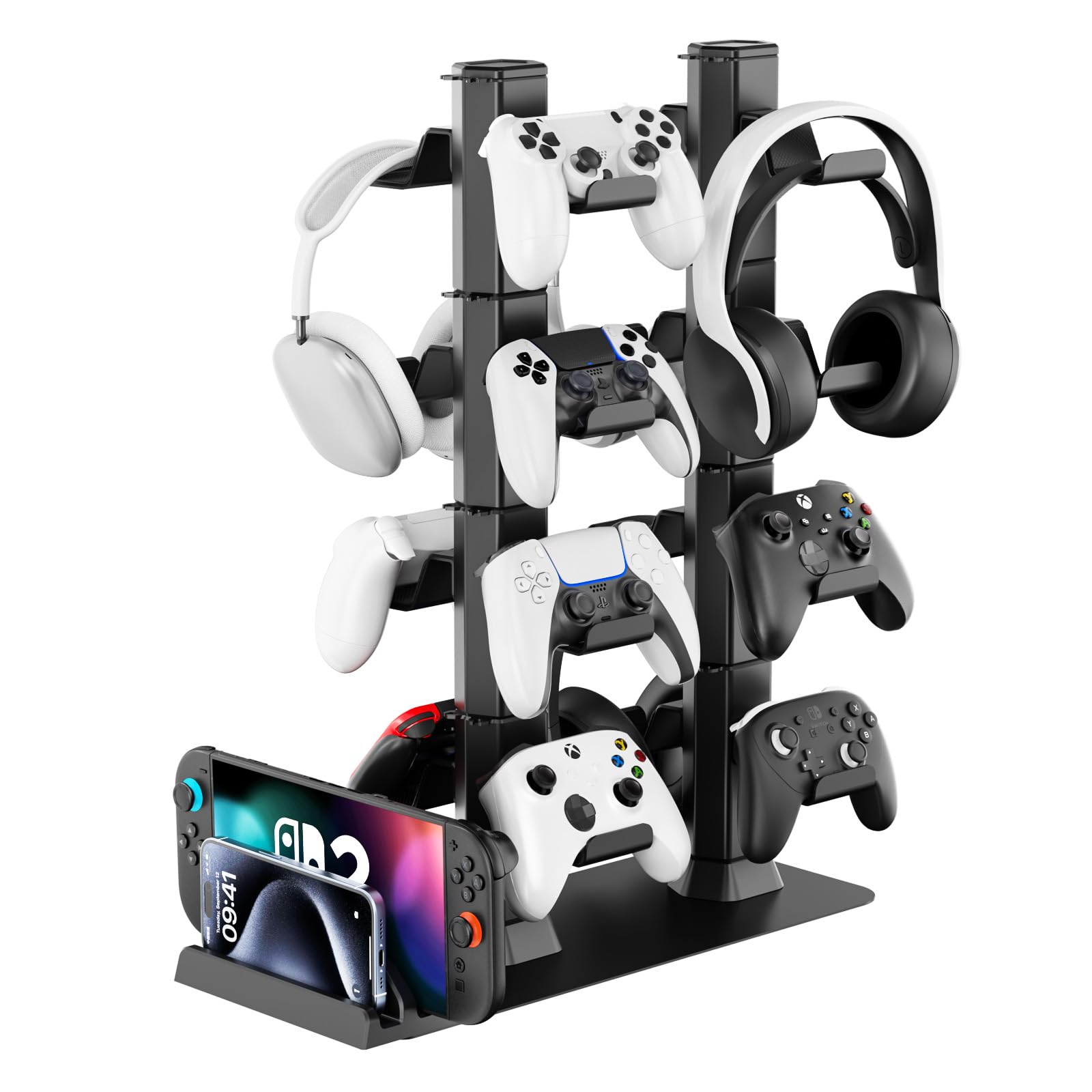 Porta Controller Gaming e Cuffie da Scrivania, Supporto Joystick a 4 Livelli con Organizer per Console Switch 2/1/PS Portal, Supporto Controllor e Cuffi con 16 Ganci, Organizer per Controller e Cuffi