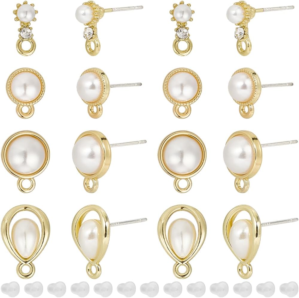 SUNNYCLUE 24Pcs Pearl Earring Posts Gold Stud Earring Findings with 925 Sterling Silver Pin and Ear Nuts Half Round Teardrop Plastic Imitation Pearl Earring Studs for Jewelry Making Earrings DIY Craft