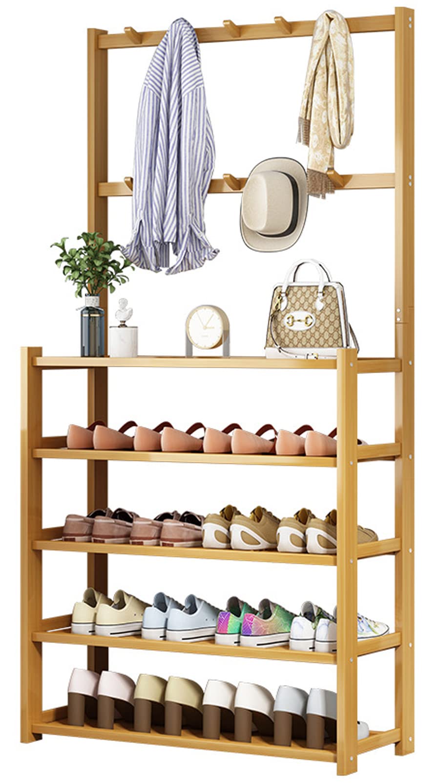 Entryway Coat Rack, U-HOOME Bamboo Hall Tree Shoe Storage Bench,Entryway Shoe Rack Bench Organizer with 5-Tier Shelves and 8 hooks for Entryway Hallway Organizer (Natural)