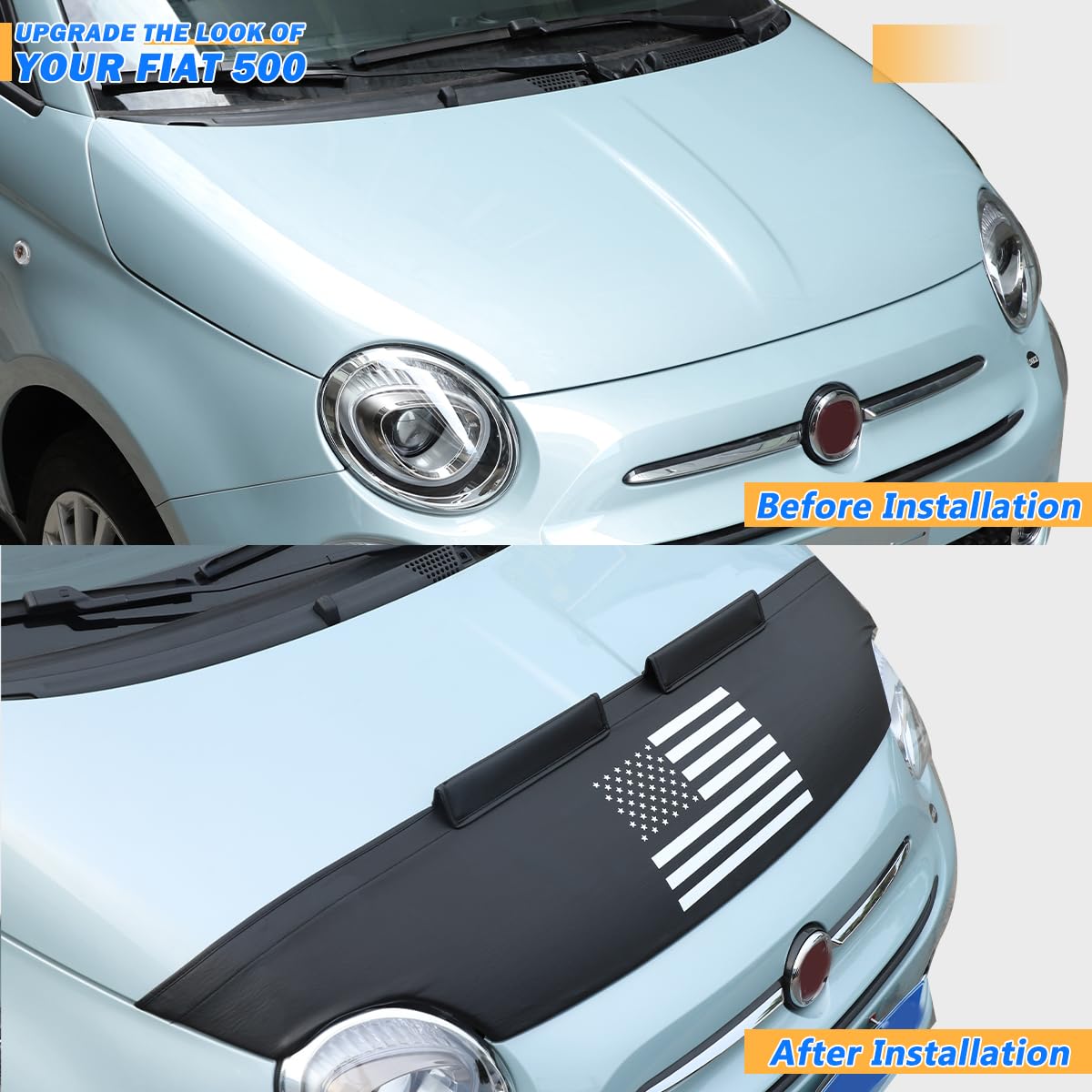 Black Leather Hood Bra Front End Nose Mask Compatible with Fiat 500 2007-2024 Car Hood Protector,Auto Hood Bonnet Bra Exterior Accessories (Style A)