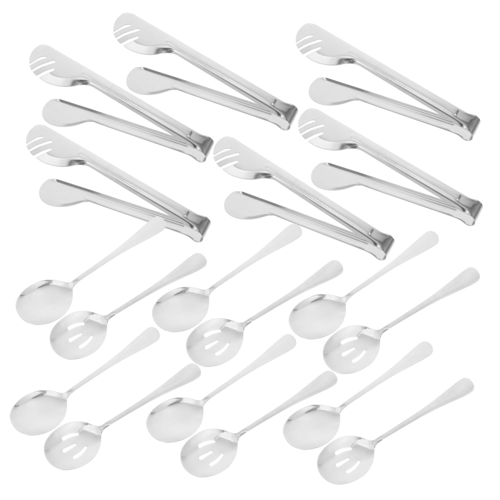 Juego de Utensilios de Acero Inoxidable de 18 Piezas Plata | Cucharas Ranuradas, Pinzas y Cucharón, Servicio para Banquetes Bodas, Catering y Restaurantes