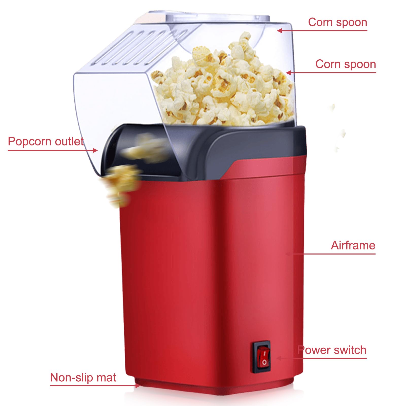 Macchina per popcorn ad aria calda, 1200 W, senza olio, senza grassi, senza BPA, veloce in 3 minuti, funzionamento con un tocco, compatta, design retrò, per casa, home theater, Natale, feste
