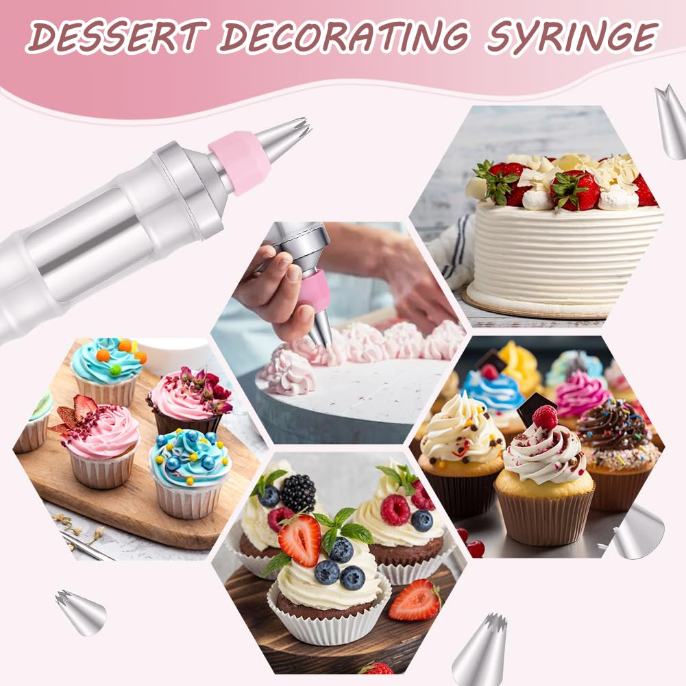 Juego de jeringas de acero inoxidable para decoración de pasteles, con 6 boquillas y 3 raspadores, pistola de glaseado para pasteles, cupcakes, herramientas de horneado para familia, profesional