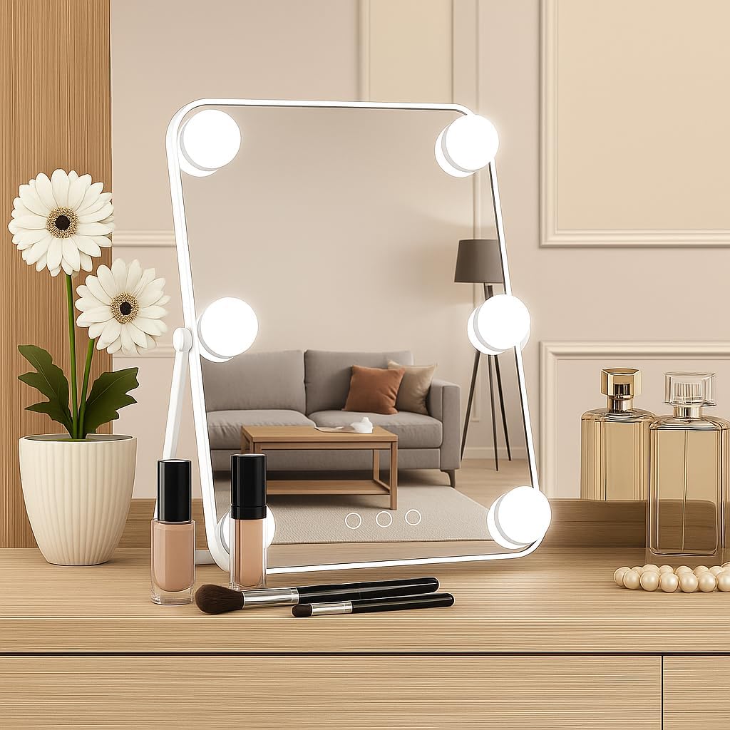 Hollywood Vanity Mirror with Lights, Personal Makeup Mirrors with 6pc LED Bulbs, Cosmetic Mirrors for 3 Color Lighting(1, Round)-image-21
