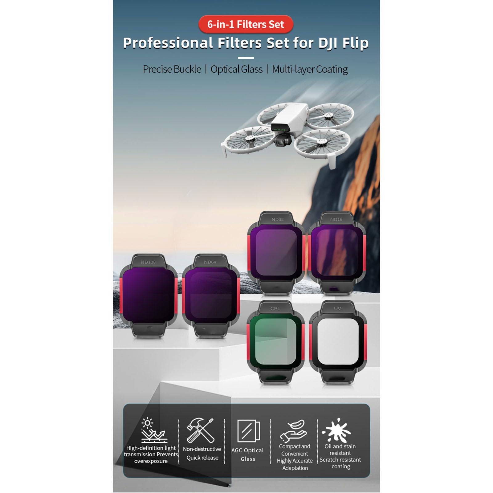 CPL zestaw filtrów UV ND do akcesoriów do dronów DJI Flip, ND16+32+64+128+CPL+UV, zestaw filtrów obiektywu drona, 6 szt. wielowarstwowy filtr optyczny HD kompatybilny z DJI Flip