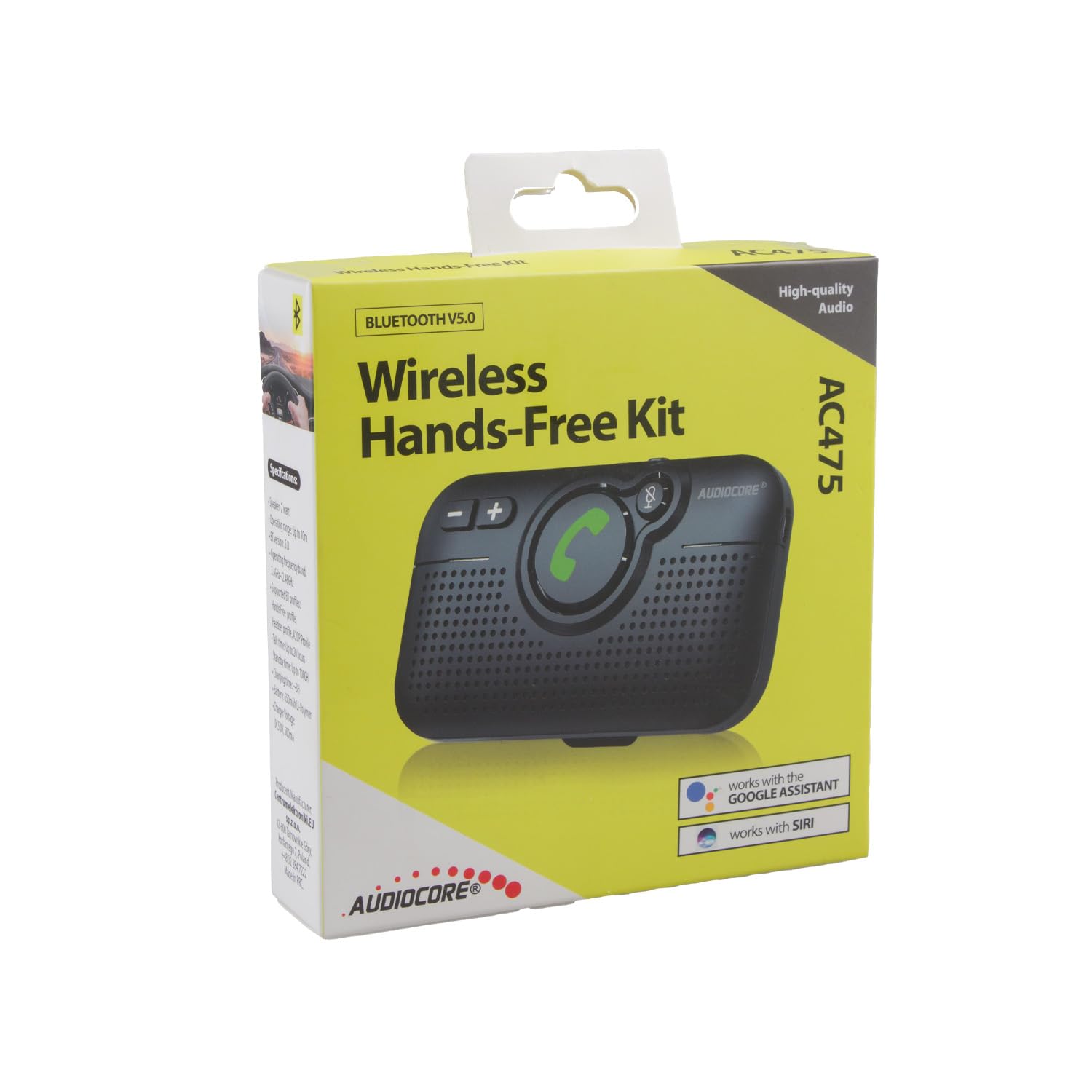 Audiocore AC475 Bluetooth-Freisprecheinrichtung für das Auto, Bluetooth 5.0, A2DP, DSP, Geräuschunterdrückung, Autostart, Vibrationssensor, Kopplung von 2 Geräten, schwarz