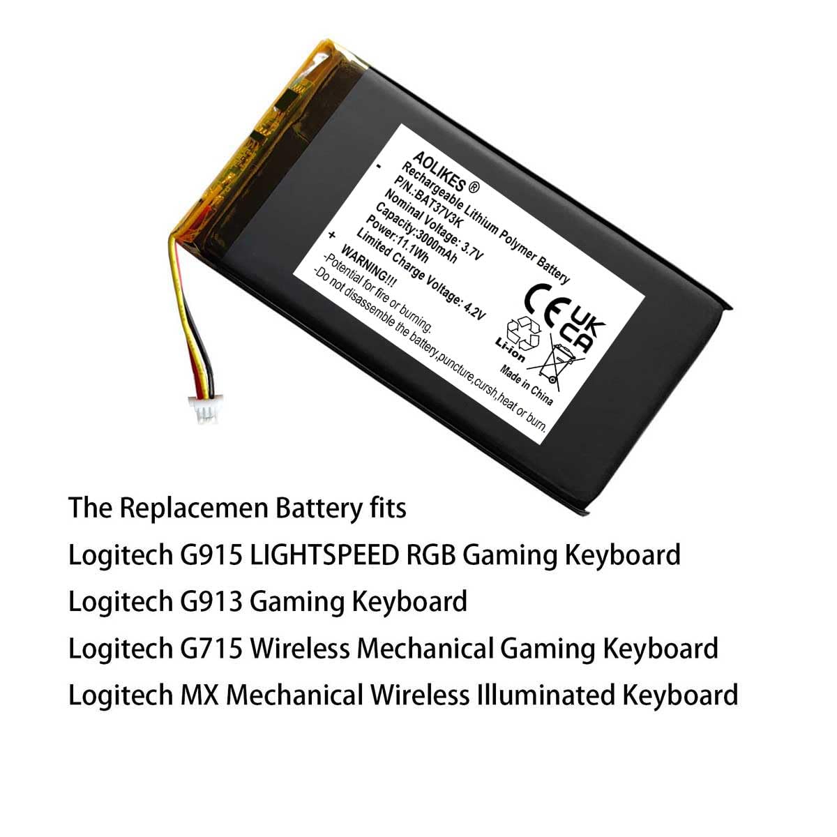 Zamiennik baterii 3000 mAh do Logitech G915, G915 TKL, G913, G913 TKL, G715, G715 LIGHTSYNC TKL, MX mechaniczna mini podświetlana klawiatura, bateria AHB355085PCT