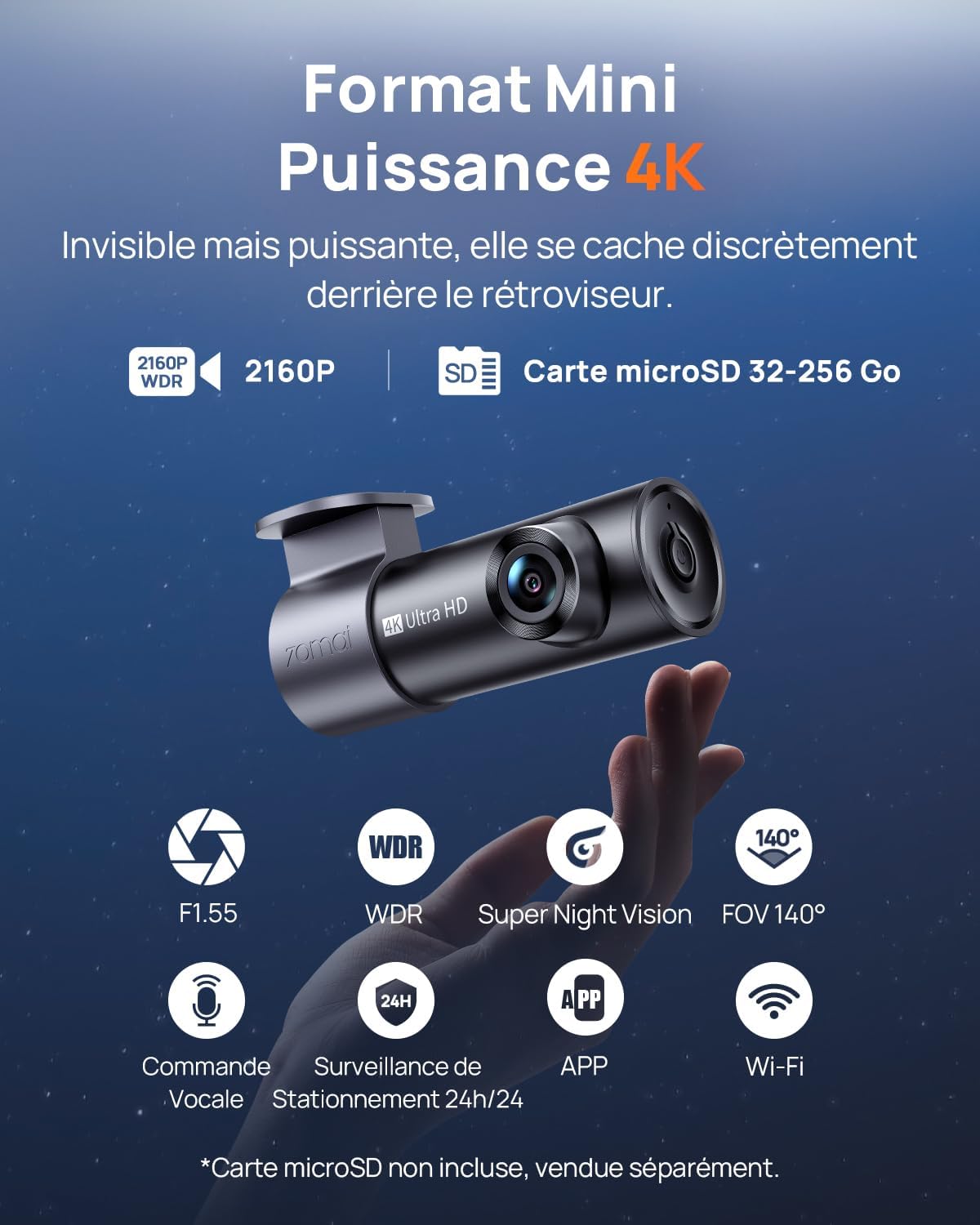70mai M310 Plus 4K - Cámara de salpicadero frontal para coche, 2160P con rotación de 360°, WiFi y sensor G, súper visión nocturna y WDR, apertura F1.55, monitoreo de estacionamiento 24h, grabación en