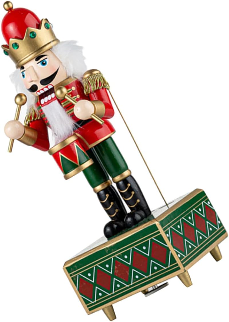 Nutcracker Music Box 32cm Red Drum Design Wind-up Wooden Xmas Nutcracker Decoration Christmas Centerpiece Table Ornament