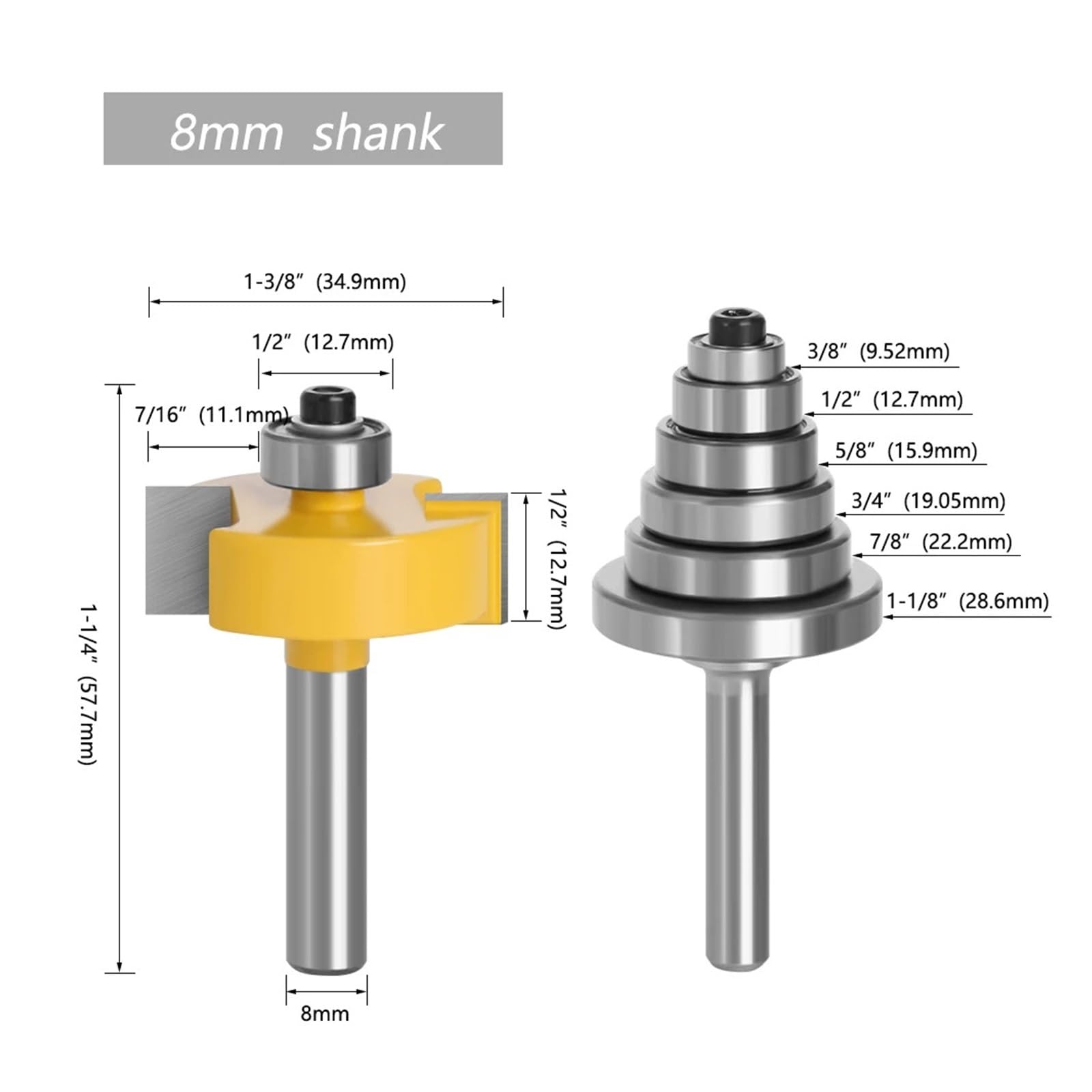 2 szt. 8mm Shank frez do wpustów z 6 regulowanymi łożyskami czopowy węglik spiekany bity obróbki drewna MC02049