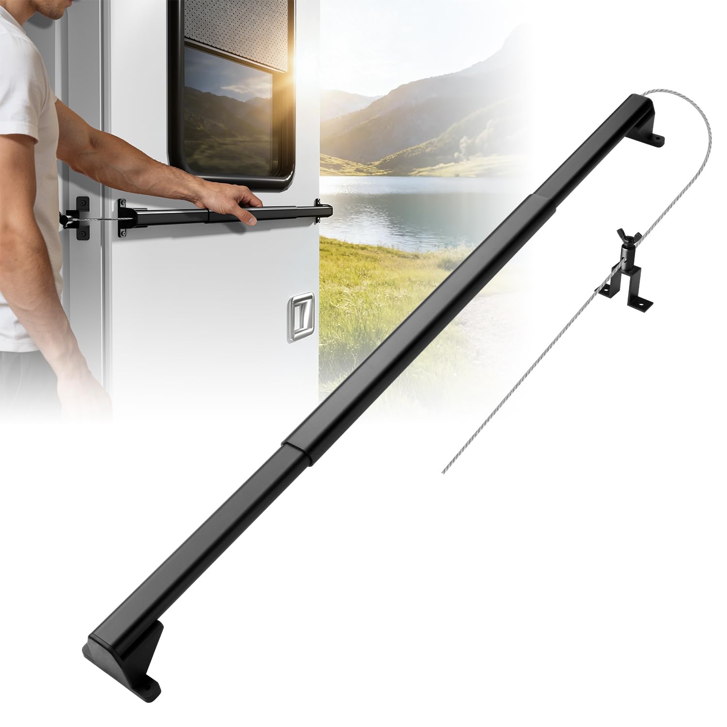 2-in-1 RV Screen Door Handle Grab Bar with Auto Closer, 21-34 in Adjustable Aluminum Cross Bar with Adjustable Tension, RV Screen Door Closer &amp; Pull Handle for Camper Screen Doors &amp; Travel Trailers