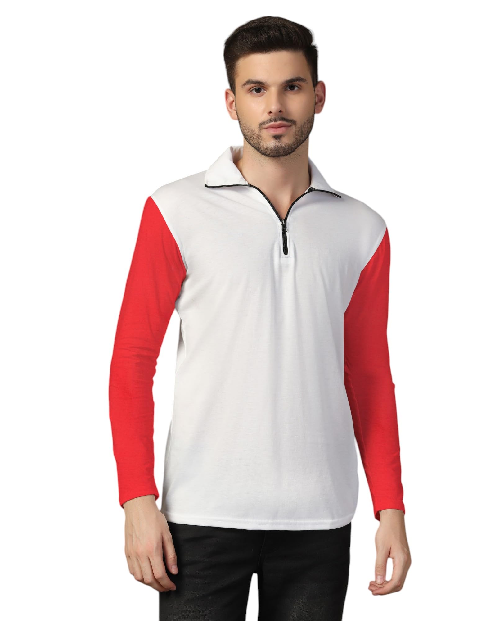 blisstone Men's Full Sleeve Zip Neck T-Shirt with Contrast Sleeves | Stylish Casual Wear for Daily & Semi-Formal Outfits-picture-56