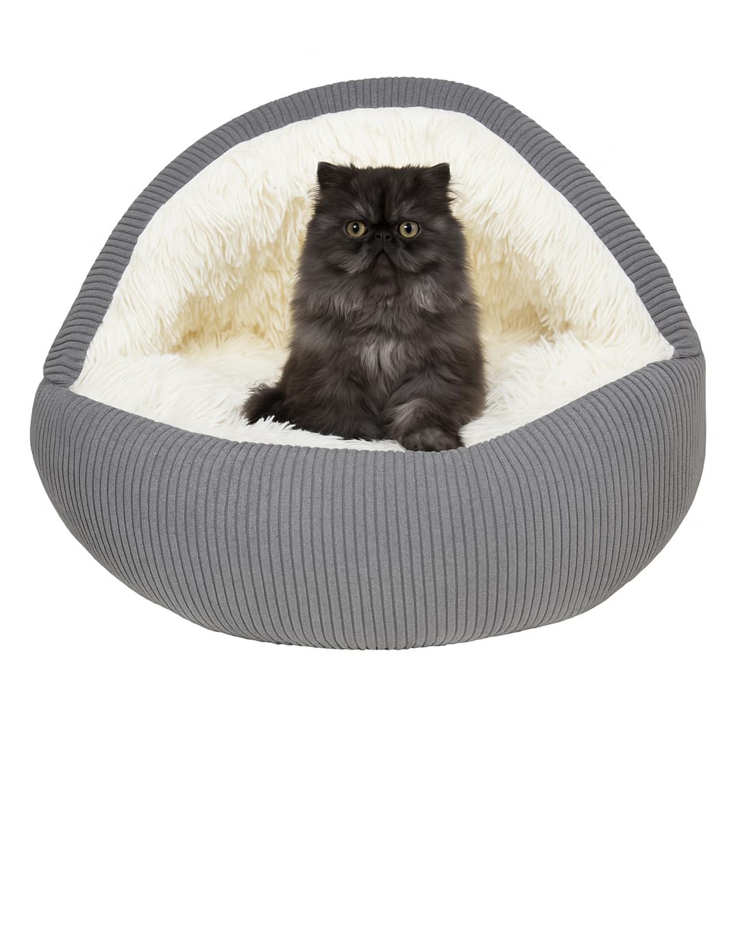 Comfy Whiskers Hooded Plush Corduroy Cat & Dog Bed Cave - Cozy Indoor Cat Bed, Calming Soft Faux Fur, Anti-Anxiety Corduroy Dog Cave, Washable Anti-Slip Dog Bed (Gray, L)