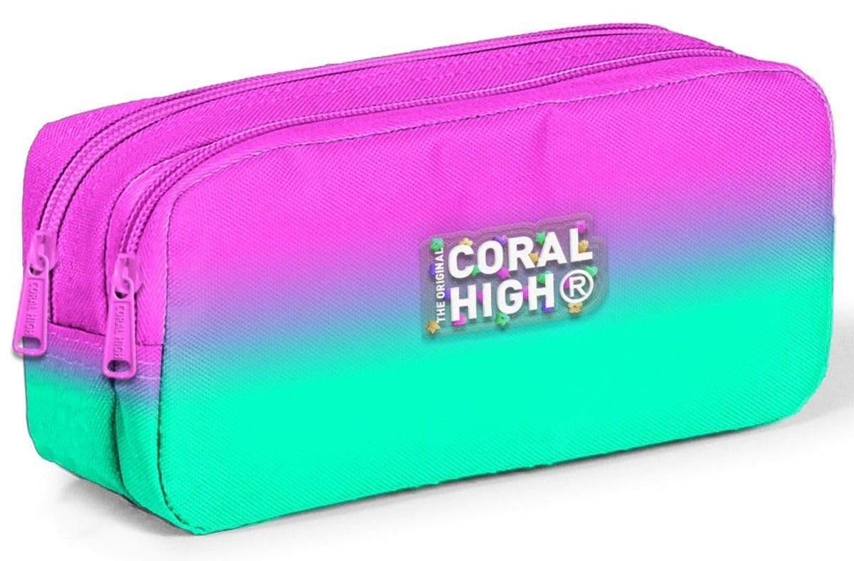 Coral High Estuche para lápices de transición de dos compartimentos para niños, color rosa, verde agua