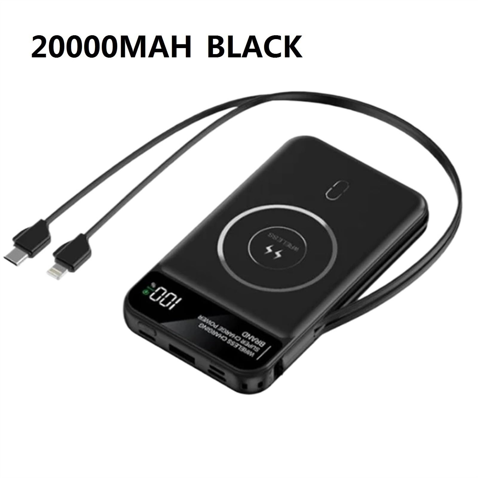 Alimentation De Charge sans Fil Portable Magnétique avec Câble De Données, Charge Rapide, Batterie Externe À Charge Flash, Grande Capacité, 1/20000 MA (Size : 20000mah, Color : Black)