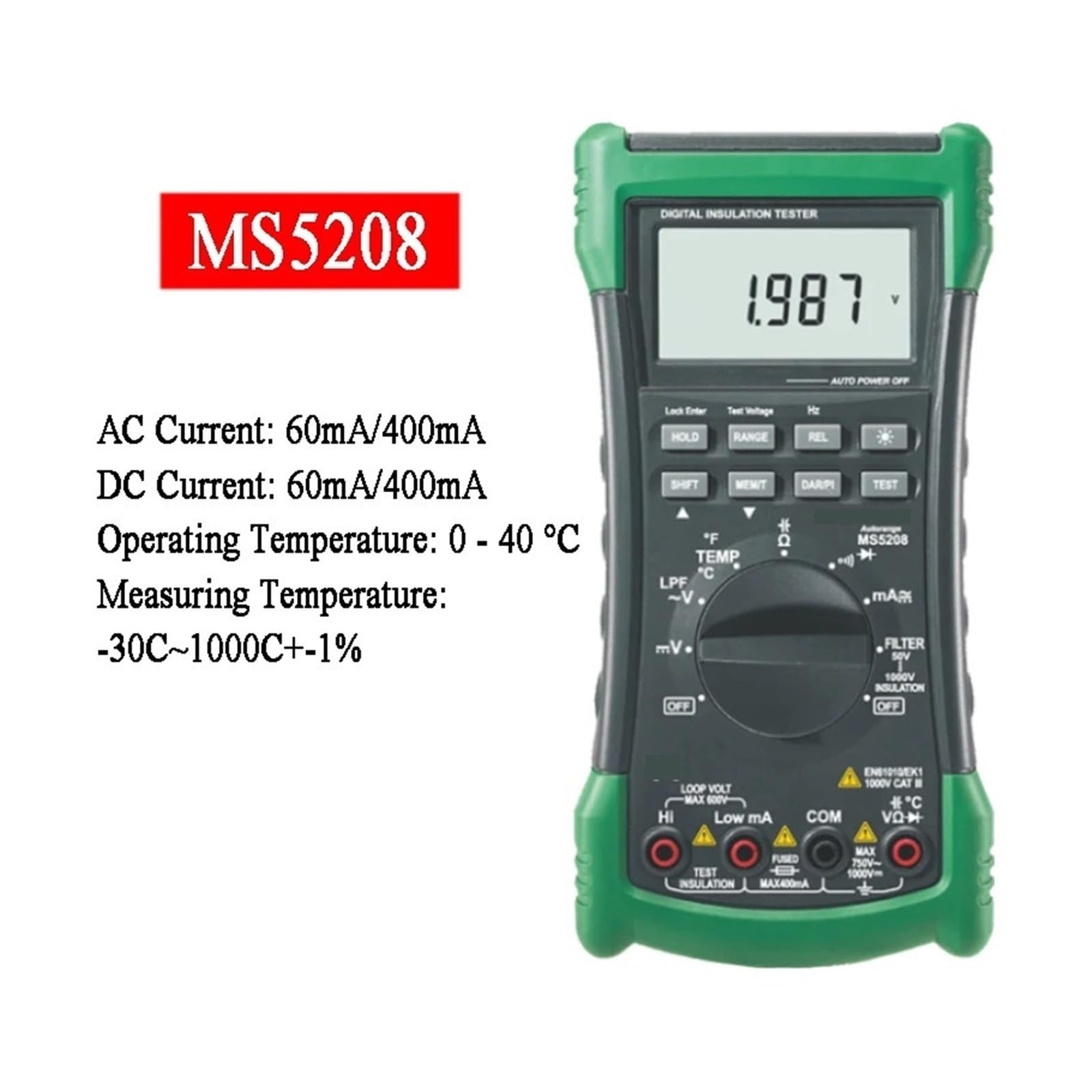 Digitalmultimeter, MS5208 Digitalmultimeter und Isolationstester, 6600 Zählwerte Echteffektivwert, Temperaturmessgerät