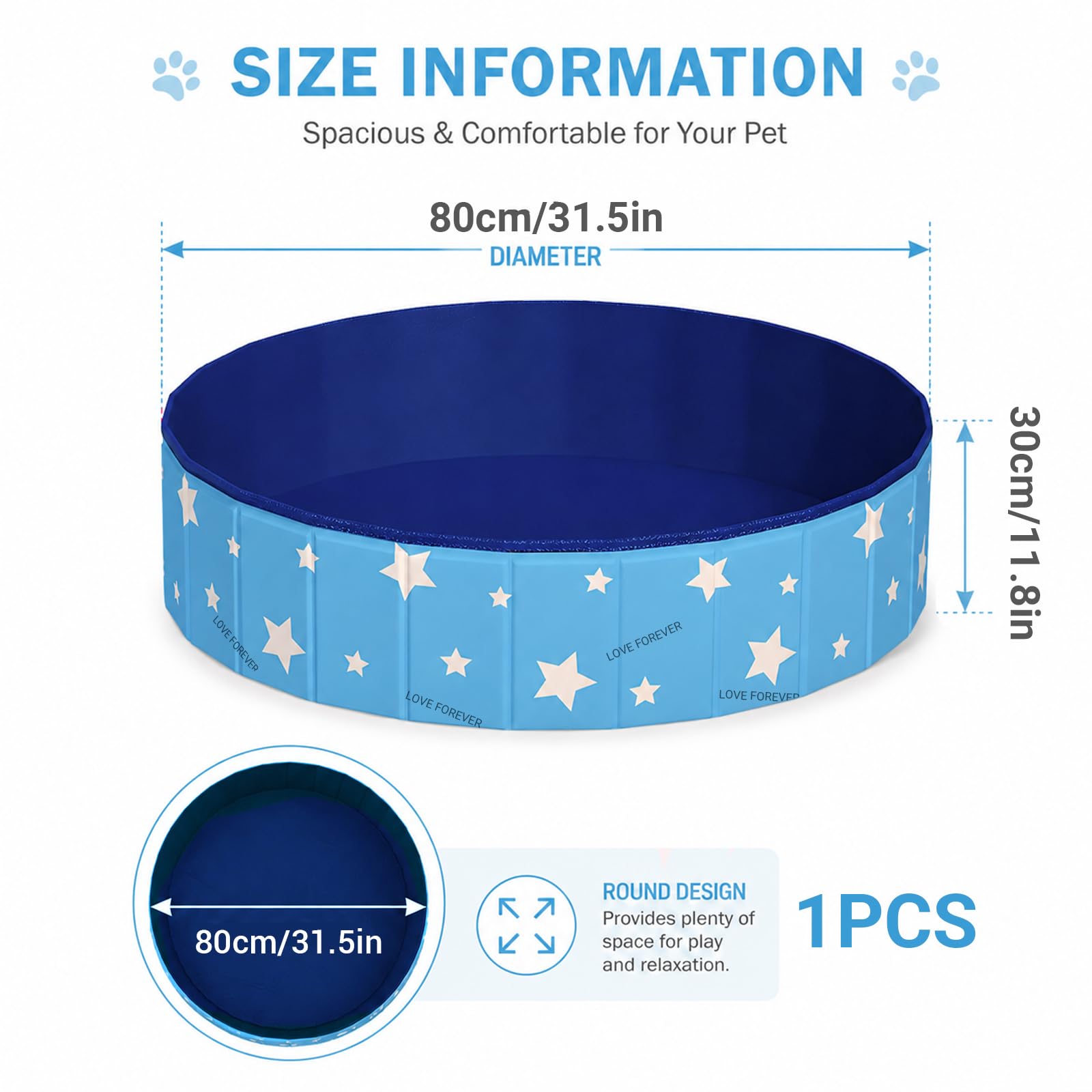 ZoneYan Piscina Plegable para Perros 80 * 30 cm, Bañera para Perros de PVC con Doble Desagüe, Ducha Plegable para Mascotas de PVC, Piscina de Bañopara Perros Pequeños y Medianos (Azul)