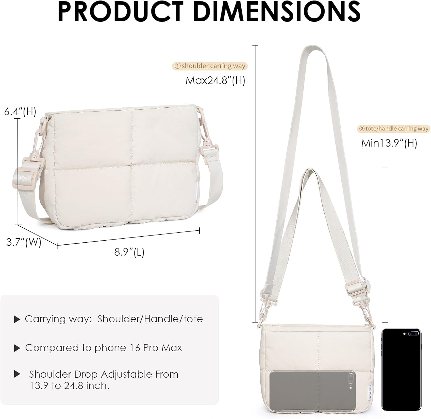 NOL Trendy Lightweight Small Quilted Puffy Crossbody Bag for Women, Waterproof, Removable Strap for Travel, Work & Shopping - Image 2