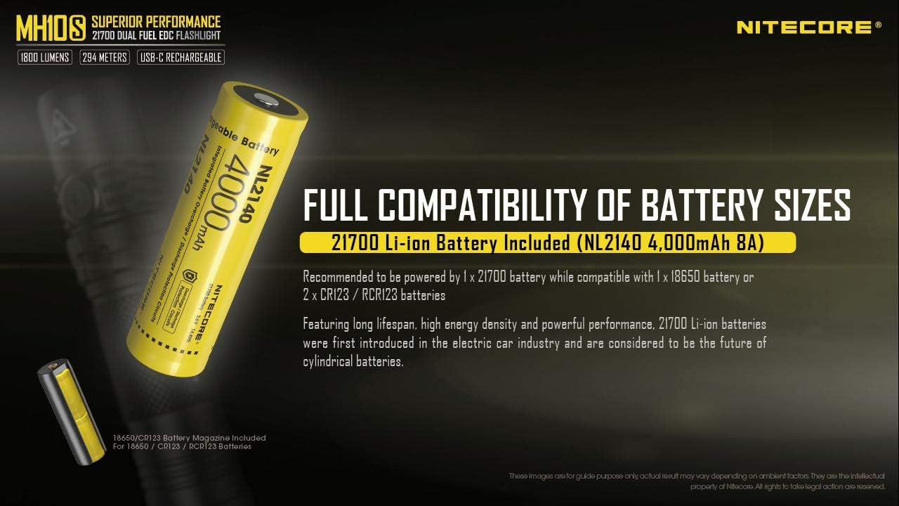 Nitecore 21700 Li-ion battery next to the MH10S flashlight, illustrating battery compatibility.