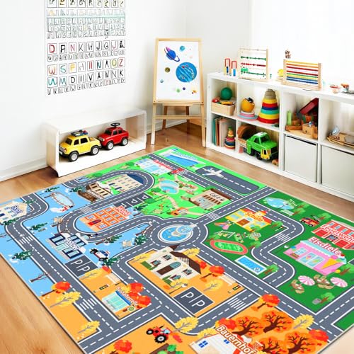 Kinder Autoteppich für Spielzimmer 140 x 200cm, Waschbare Spielmatte