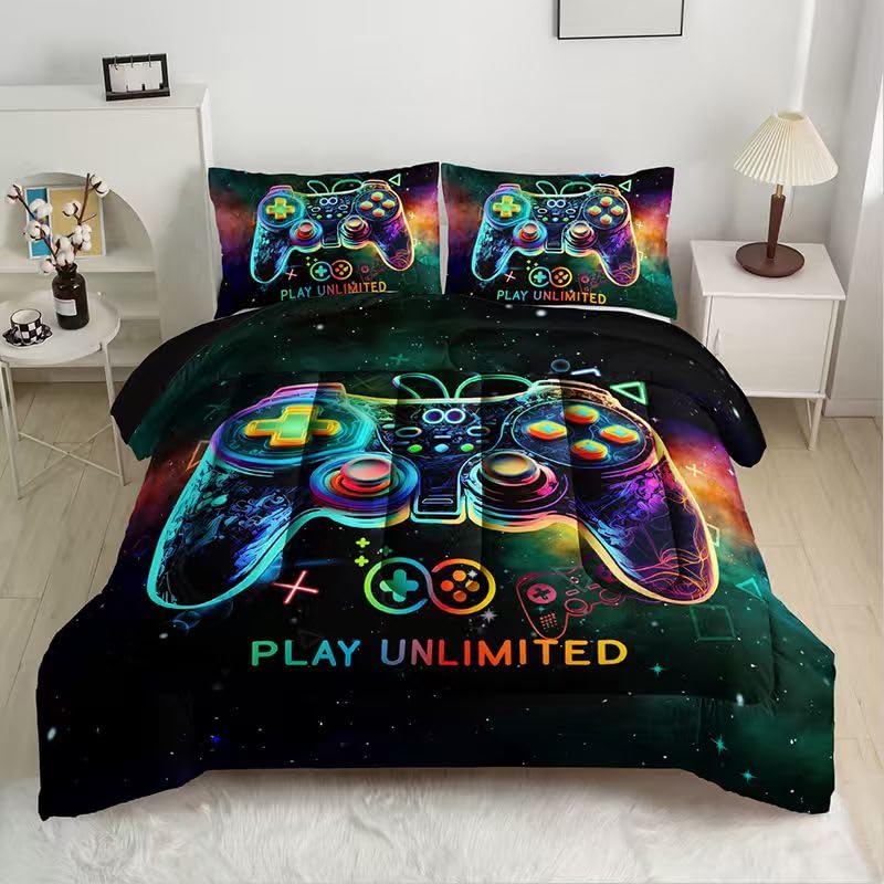 Gaming Comforter Set, Gamepad Pattern Bedding, Microfiber, 3 Piece with 1 Comforter and 2 Pillowcases (gamepad2, Twin)