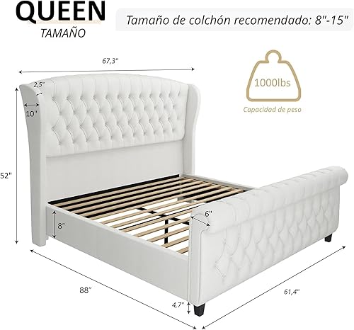 Miniatura 2 de AMERLIFE Estructura de Cama de Plataforma Tamaño Queen, Cama Trineo Tapizada de Chenilla con Cabecero de Respaldo Alado con Voluta y Pie de