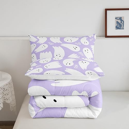 Miniatura 5 de Juego de edredón de cama con temática de Halloween, tamaño Queen, juego de ropa de cama de microfibra súper suave estilo caricatura púrpura para