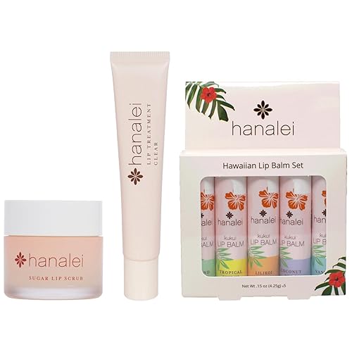 Hanalei Sugar Lip Scrub AND Kukui Oil Tratamiento labial 0.53 oz Clear AND 5 piezas Tropical Lip Balm Set Fabricado con botánicos hawaianos Libre