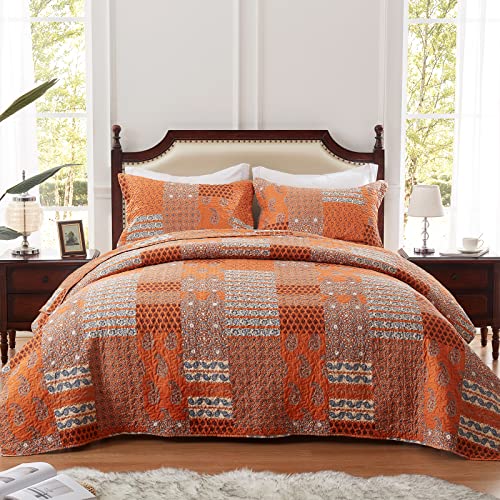 LEAONME Quilt Set Full/Queen Size 3 Piece Bedspread Coverlet Lightweight Comforter Microfiber Bedding Set All Season Oversized 90x98 Inch Bed Cover Paisley Burnt Orange/Rust(1 Quilt,2 Pillow Shams)